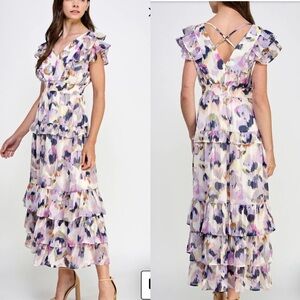 NWT $199 Spring + Mercer Purple Watercolor Ruffle Maxi or Midi Dress Size XL